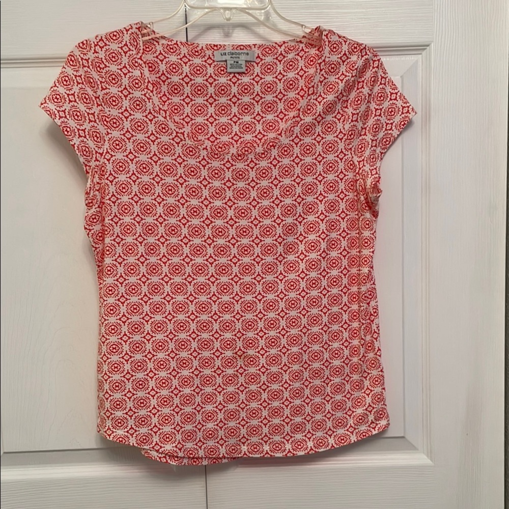 🌷Liz Claiborne Orange & White Pattern Pullover Top Petite Medium Like New